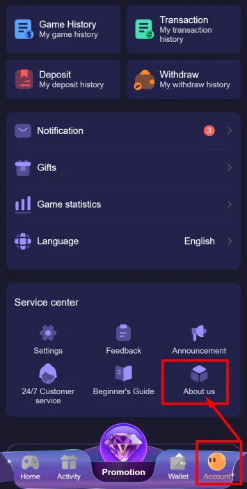 Jai Club account menu highlighting the About Us option