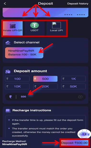 Jai Club deposit screen showing payment channel selection and deposit amount options