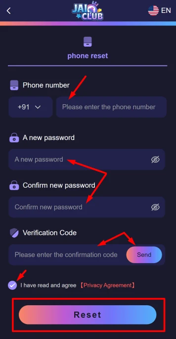 Jai Club password reset screen with phone number, new password and verification code fields